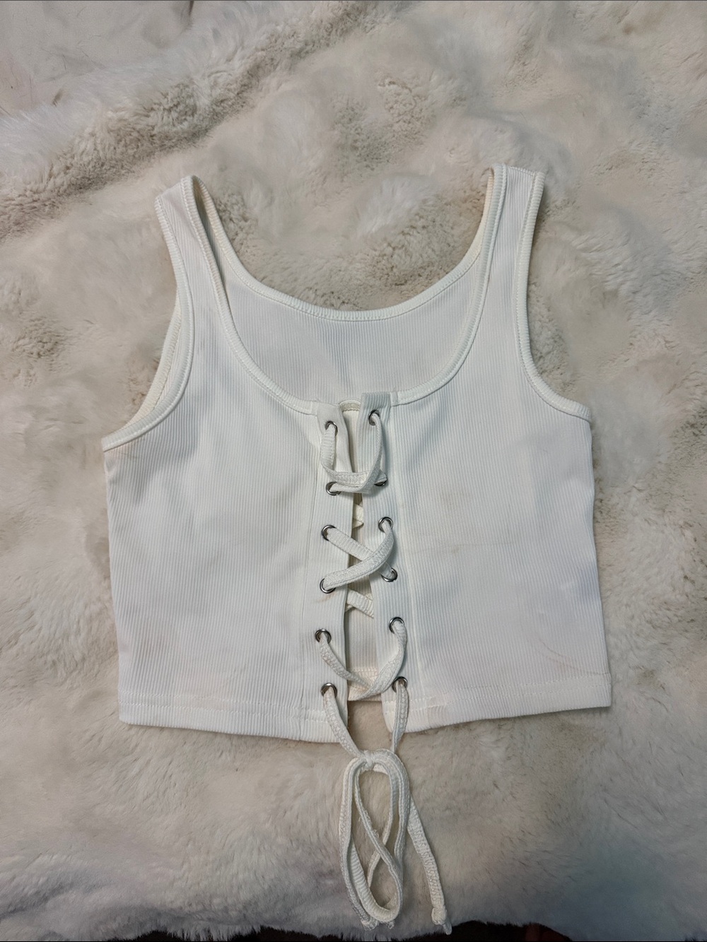White Lace-Up Ribbed Crop Tank Top - Women